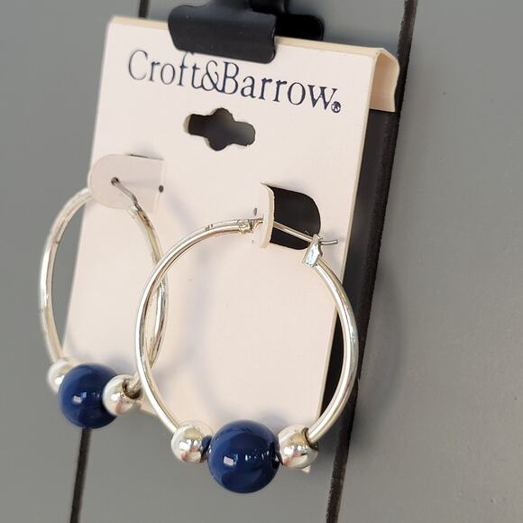 Croft & Barrow Hoop Earrings Blue Beads Silver Tone Pierced Free Gift Bag 1.5 in - Picture 2 of 7